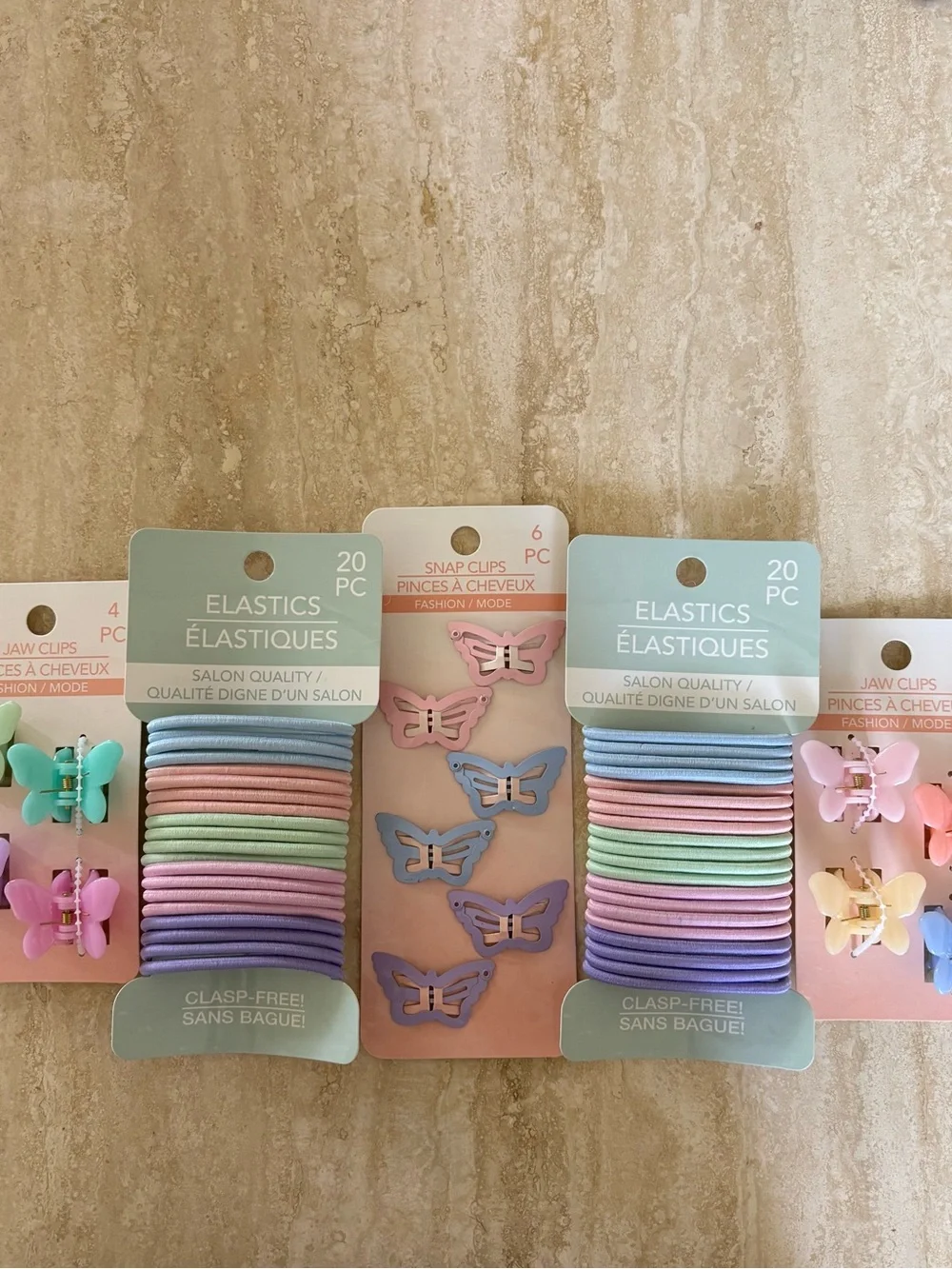 Set of 5 Butterfly Snap Clips & Matching Hair Elastics Set - Pastel Colors